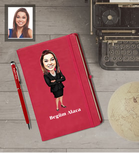 Kişiye Özel İş Kadını Karikatürlü  Kırmızı Defter Kalem Hediye Seti Bayan-24