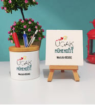 Mesajlı Uçak Mühendisi Tasarımlı Kişiye Özel Hediye Uçak Mühendisi Kalemlik ve Dekoratif Taş Baskı Hediye Seti