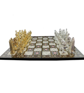 Büyük Boy Metal Yunan Satranç Takımı Parlak ve Katlanır Sedef Desenli MDF Ahşap Satranç Tahtası (43x43 cm.) (Çok Renkli)