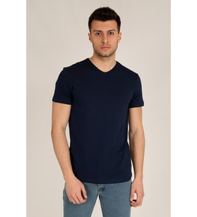 Erkek Basic Slim Fit V Yaka Kısa Kollu T-Shirt 21K-3400738-1 Lacivert