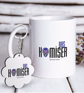 BK Gift Kişiye Özel Mesleki Başkomiser Beyaz Kupa ve Anahtarlık Hediye Seti (Model 1)