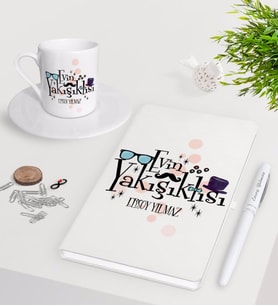 BK Gift Kişiye Özel Evin Yakışıklısı Beyaz Defter Kalem Türk Kahvesi Fincanı Seti-3 (Model 1)