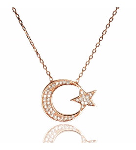 Rose Gümüş Bayan Ay Yıldız Bayrak Kolye 6018609249205
