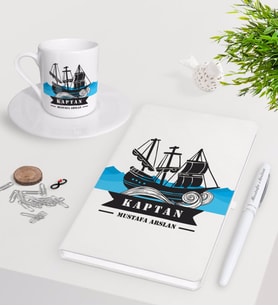 BK Gift Kişiye Özel Kaptan Beyaz Defter Kalem Türk Kahvesi Fincanı Seti-8 (Model 1)