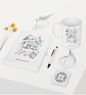 BK Gift Kişiye Özel Dünyanın En İyi Öğretmeni Temalı Beyaz Defter Kalem Kupa Ayna Seti - 8