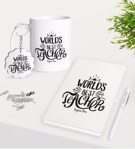 BK Gift Kişiye Özel Dünyanın En İyi Öğretmeni Kupa Anahtarlık Beyaz Defter Kalem Hediye Seti-30 (Model 1)
