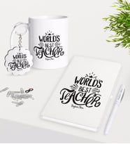 BK Gift Kişiye Özel Dünyanın En İyi Öğretmeni Kupa Anahtarlık Beyaz Defter Kalem Hediye Seti-30 (Model 1)
