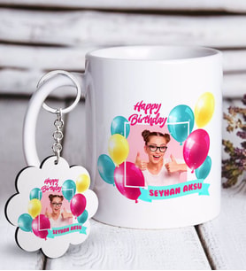 BK Gift Kişiye Özel Fotoğraflı Doğum Günü Beyaz Kupa ve Anahtarlık Hediye Seti-1 (Model 1)