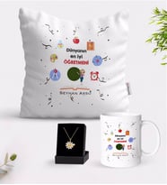 BK Gift Kişiye Özel Dünyanın En İyi Öğretmeni Beyaz Kupa Yastık ve İsimli Papatya Kolye Hediye Seti-24 (Model 1)