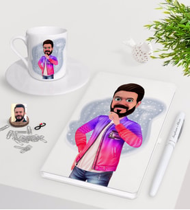 BK Gift Kişiye Özel Erkek Animasyon Karikatürlü Beyaz Defter Kalem Türk Kahvesi Fincanı Seti-36 (Model 1)
