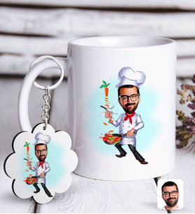 BK Gift Kişiye Özel Erkek Chef Karikatürlü Beyaz Kupa ve Anahtarlık Hediye Seti-1 (Model 1)