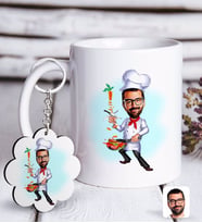 BK Gift Kişiye Özel Erkek Chef Karikatürlü Beyaz Kupa ve Anahtarlık Hediye Seti-1 (Model 1)