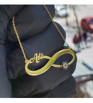 925 Ayar Gümüş 24 Ayar Altın Kaplama Tek Nazar Boncuklu İsimli Sonsuzluk Kolye (Gold)