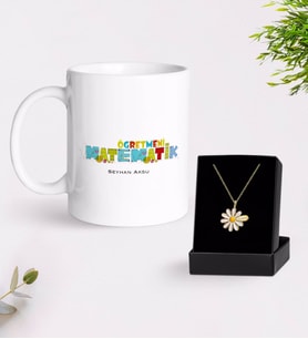 BK Gift Kişiye Özel Matematik Öğretmeni Beyaz Kupa ve Papatya Kolye Hediye Seti-2 (Model 1)