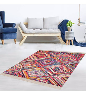 Rengarenk Geometrik Karo Desenli Dijital Baskı Yıkanabilir Kaymaz Taban Modern Salon Halı  (Karışık)