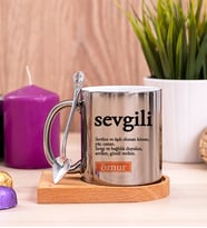 Sevgili Kelime Anlamı Ahşap Altlıklı Silver Kupa Bardak