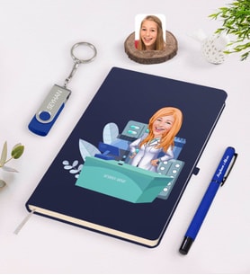 BK Gift Kişiye Özel Kadın Eczacı Karikatürlü Lacivert Defter Kalem 32gb USB Bellek Hediye Seti-4 (Model 1)