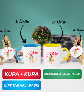 İkili Mavi Sarı Sevgiliye Sevgililer Günü Hediyesi 1 Kupa Bardak Anahtarlık