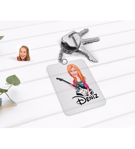 BK Gift Kişiye Özel Kadın Gitarist Karikatürlü Şeffaf Pleksi Anahtarlık-1 (Beyaz)