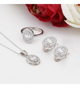 Oval Baget Zirkon Taşlı Gümüş Bayan Set