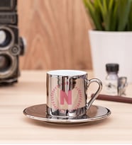 Pembe Renkli Baş Harf Tasarım Silver Türk Kahvesi Fincanı