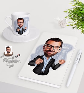 BK Gift Kişiye Özel Amca Karikatürlü Beyaz Defter Kalem Türk Kahvesi Fincanı Seti (Model 1)