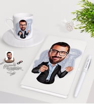 BK Gift Kişiye Özel Amca Karikatürlü Beyaz Defter Kalem Türk Kahvesi Fincanı Seti (Model 1)