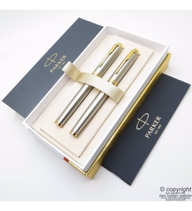 Parker IM Brushed Altın Metal Dolma Kalem + Roller Kalem Seti  İsme Özel Kalem