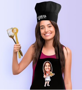 BK Gift Kişiye Özel Bayan Chef Karikatürlü Siyah Mutfak Önlüğü Aşçı Şapkası Seti-3