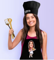 BK Gift Kişiye Özel Bayan Chef Karikatürlü Siyah Mutfak Önlüğü Aşçı Şapkası Seti-3