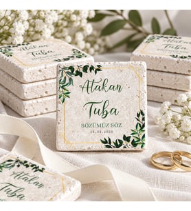 30 Adet Kişiye Özel Baskılı Doğal Taş Magnet 5x5cm Söz, Nikah, Nişan Hatırası (Beyaz)