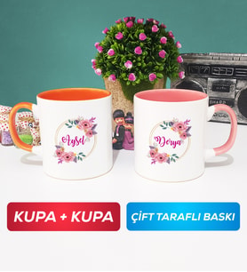 İkili Kişiye Özel İsim Yazılı Çiçek Tasarımlı Kupa Bardak Turuncu Pembe