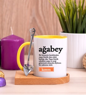 Ağabey Kelime Anlamı Ahşap Altlıklı Sarı Kupa Bardak