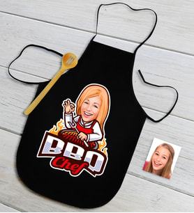 BK Gift Kişiye Özel Bayan Barbekü Chef Karikatürlü Siyah Mutfak Önlüğü