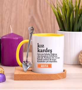 Kız Kardeş Kelime Anlamı Ahşap Altlıklı Sarı Kupa Bardak