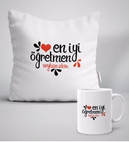 BK Gift Kişiye Özel En İyi Öğretmen Beyaz Yastık Kupa Seti-6 (Model 1)