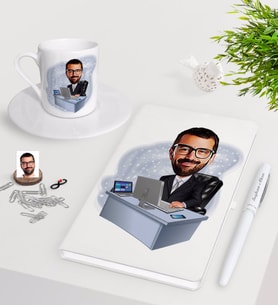BK Gift Kişiye Özel Erkek Genel Müdür Karikatürlü Beyaz Defter Kalem Türk Kahvesi Fincanı Seti-1 (Model 1)