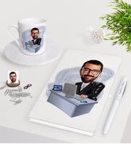 BK Gift Kişiye Özel Erkek Genel Müdür Karikatürlü Beyaz Defter Kalem Türk Kahvesi Fincanı Seti-1 (Model 1)