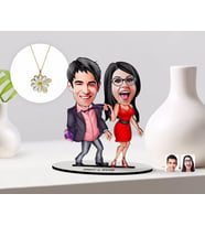 BK Gift Kişiye Özel Sevgililer Karikatürlü 3D Ahşap Biblo ve Çift İsimli Papatya Kolye Seti-4 (Model 1)