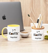 Erkek Kuaförü Sarı Kupa Bardak Ve Kalemlik Hediye Seti
