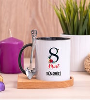 Kadınlar Gününe Özel Ahşap Altlıklı Siyah Kupa Bardak
