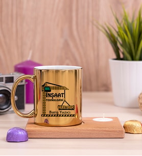 İnşaat Teknolojisi Öğretmeni Ahşap Altlıklı Mumlu Gold Kupa Bardak