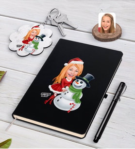 BK Gift Kişiye Özel Kadın Yeni Yıl Karikatürlü Siyah Defter Kalem ve Anahtarlık Hediye Seti-2 (Model 1)