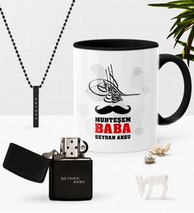 BK Gift Kişiye Özel Muhteşem Baba Siyah Kupa Benzinli Çakmak Kolye Seti (Model 1)