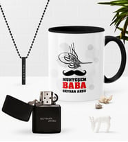 BK Gift Kişiye Özel Muhteşem Baba Siyah Kupa Benzinli Çakmak Kolye Seti (Model 1)
