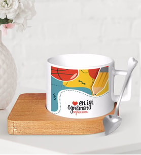 BK Gift Kişiye Özel En İyi Öğretmen Ahşap Altlıklı Seramik Fincan-5 (Beyaz)
