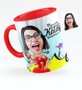 BK Gift Kişiye Özel Bayan Karikatürlü Kırmızı Kupa Bardak  4