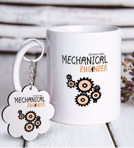 BK Gift Kişiye Özel Mesleki Makine Mühendisi Beyaz Kupa ve Anahtarlık Hediye Seti (Model 1)