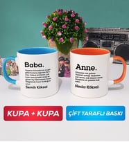 İkili Kişiye Özel Baba ve Anne Kupa Bardak Mavi Turuncu