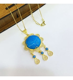  GÜMÜŞ  TELKARİ ALTIN KAPLAMA FİRUZE TAŞLI KOLYE   (Gold)